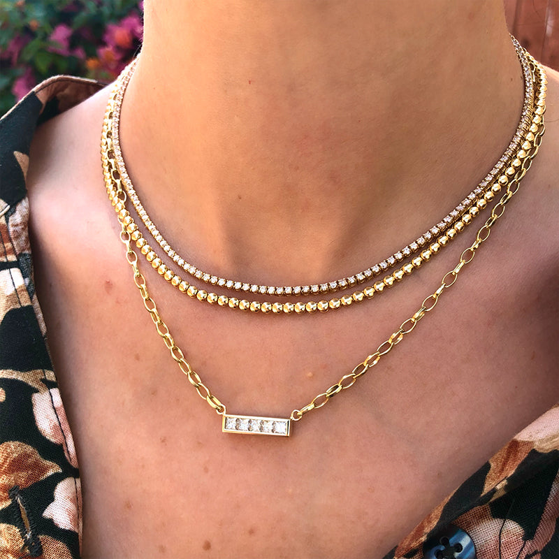 Small Edith Link Necklace with Channel Set Princess Cut Diamond Bar