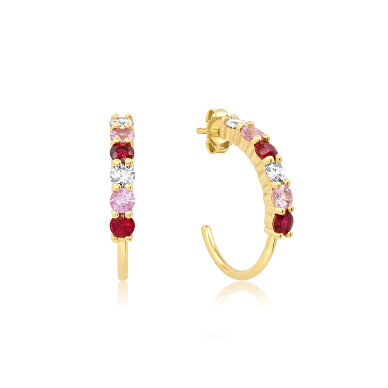 Small 4-Prong Diamond, Pink Sapphire, and Ruby Hoops