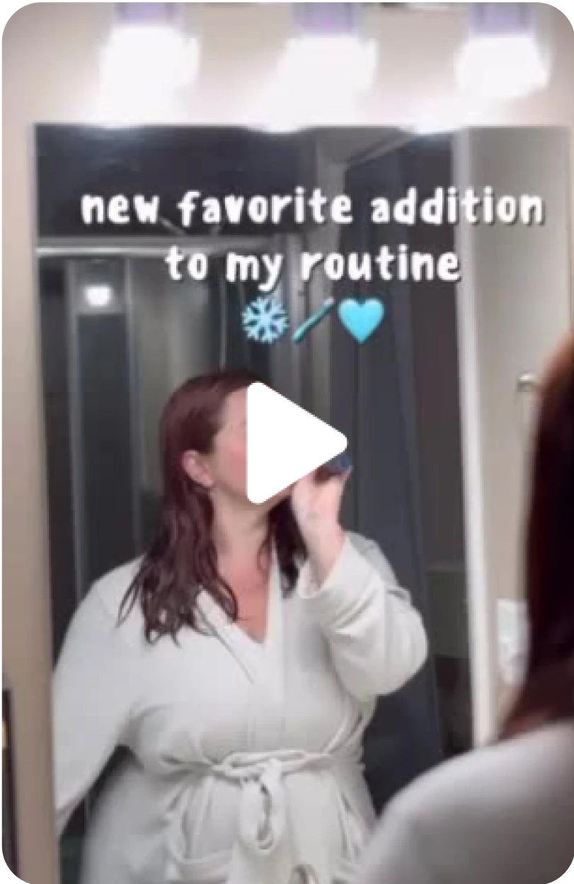 Person using an electric toothbrush in front of a mirror with text overlay about their routine.