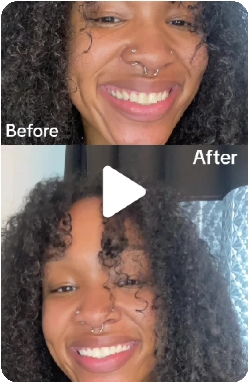 Before and after images of a smiling person with curly hair and facial piercings.