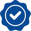 Blue badge with a white check mark in the center.