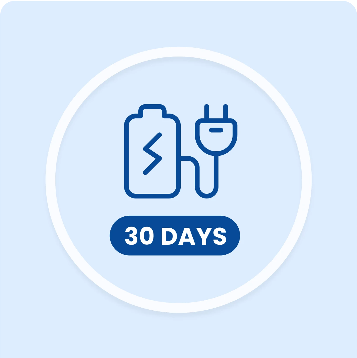 Battery and plug icon with '30 days' text on a blue background.
