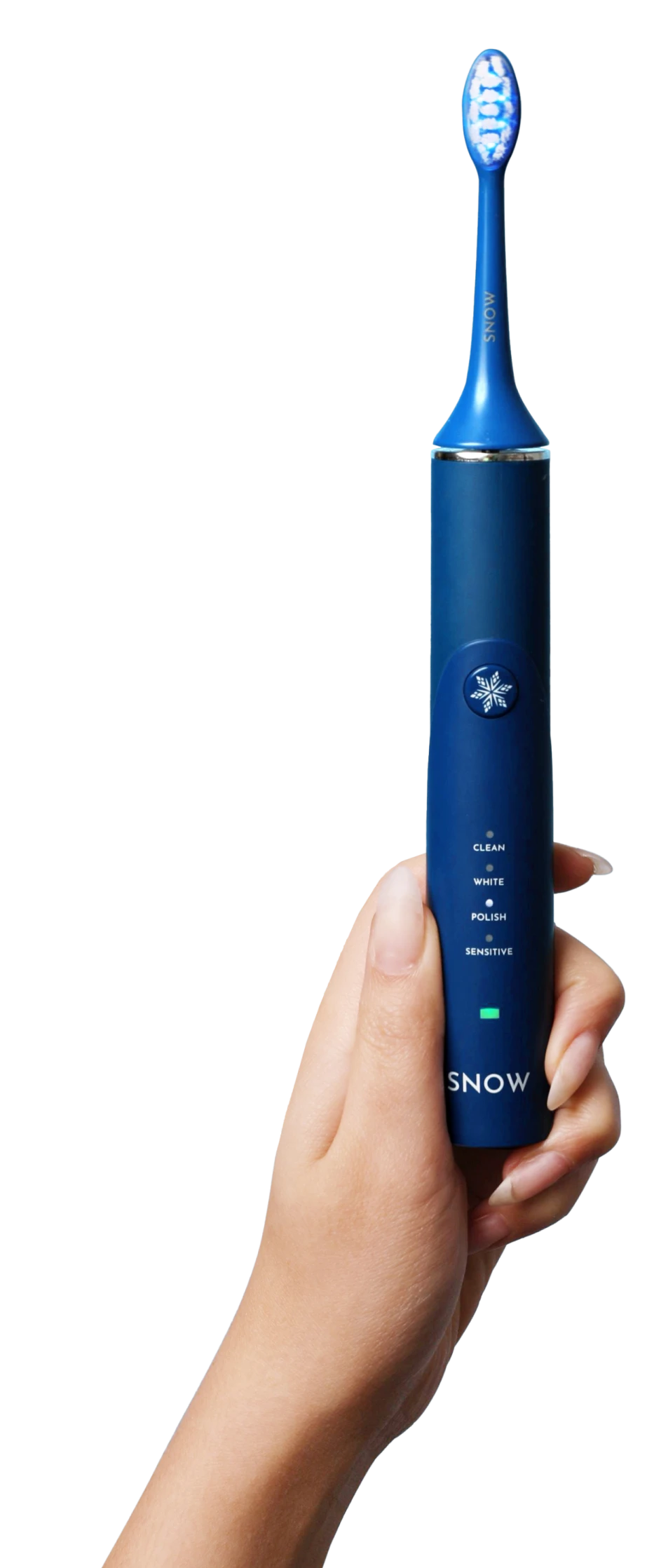 A hand holding a blue electric toothbrush with multiple cleaning modes.