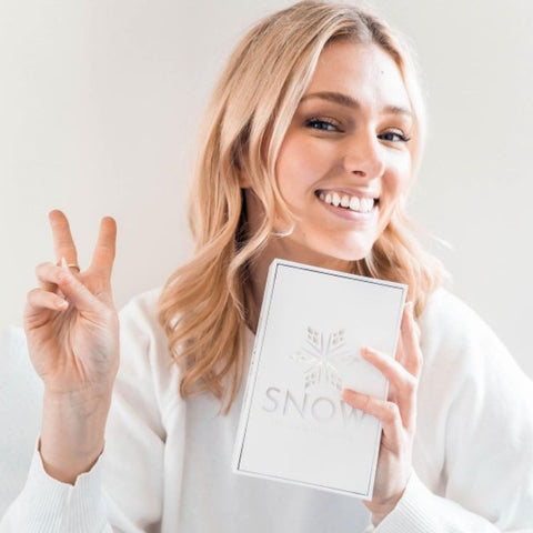 Women smiling while holding a snow teeth whitening box