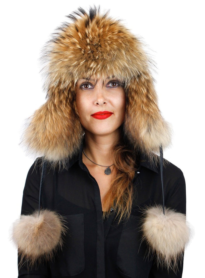 NATURAL FINNISH RACCOON FUR & BROWN LEATHER AVIATOR/TROOPER HAT W/ POM ...