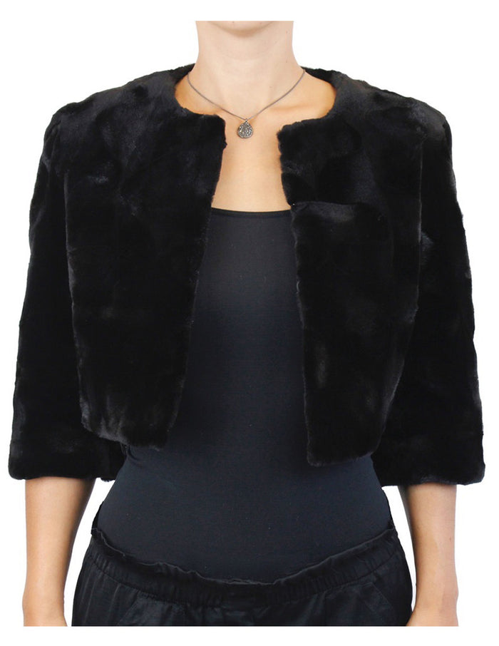 BLACK TEXTURED SHEARED MINK FUR SECTIONS SHORT BOLERO JACKET – The Real