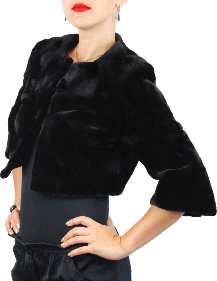 BLACK TEXTURED SHEARED MINK FUR SECTIONS SHORT BOLERO JACKET – The Real