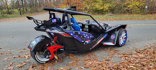 Polaris Slingshot Rear with color matched red, white, and blue wheels