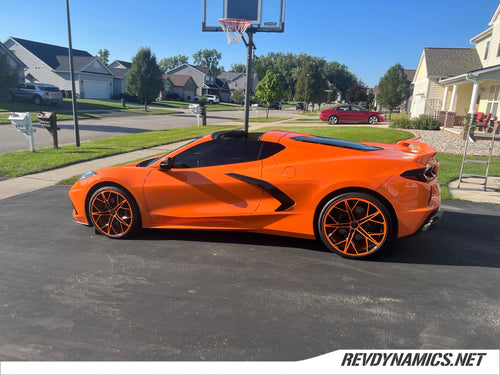 Corvette C8 color matched Amplify Orange Powder coated wheels by Rev Dynamics
