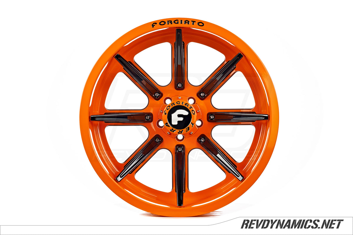 Forgiato Gambe-1 Wheel Powdercoated in Hemi Orange, White, and Black 