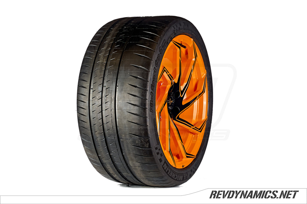 Lexani LF Forged M117 with Michelin Pilot Sport Cup 2 tire custom painted in Afterburner Orange and Black 