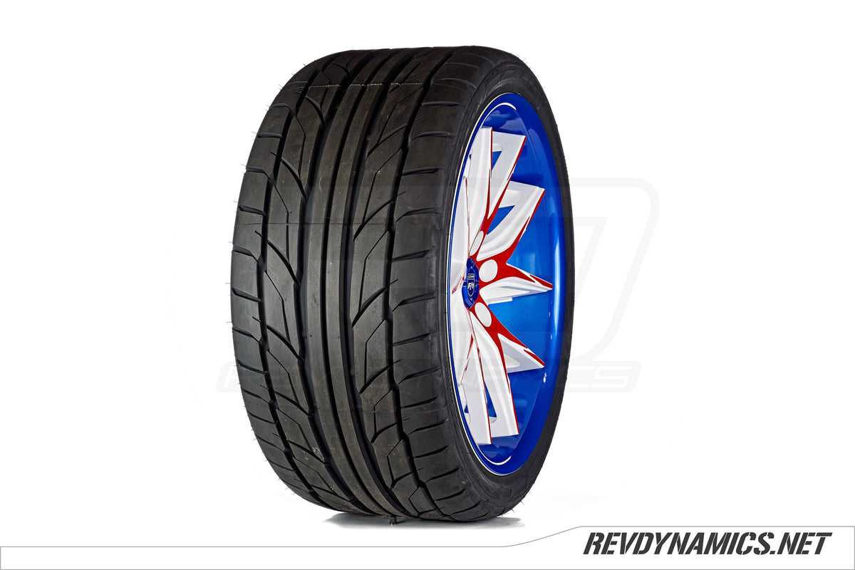 Lexani R-12 with Nitto tire custom painted in Stealth Blue, Red Pearl, and White 