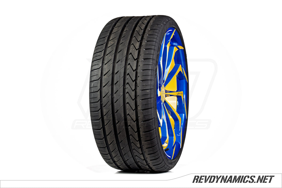 Lexani Static with Lexani tire custom painted in Daytona Yellow and Stealth Blue 