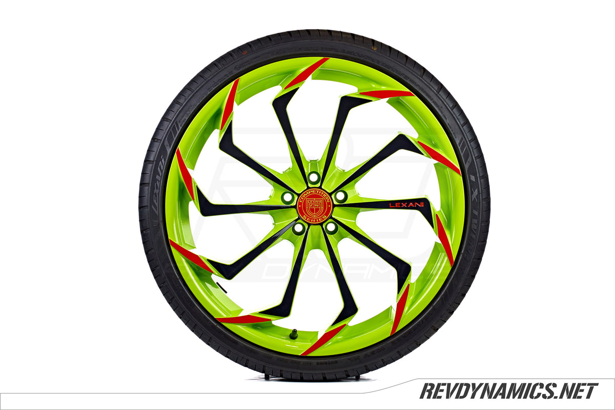 Lexani Static Wheel Powdercoated in Neon Fade, Indy Red, and Black 