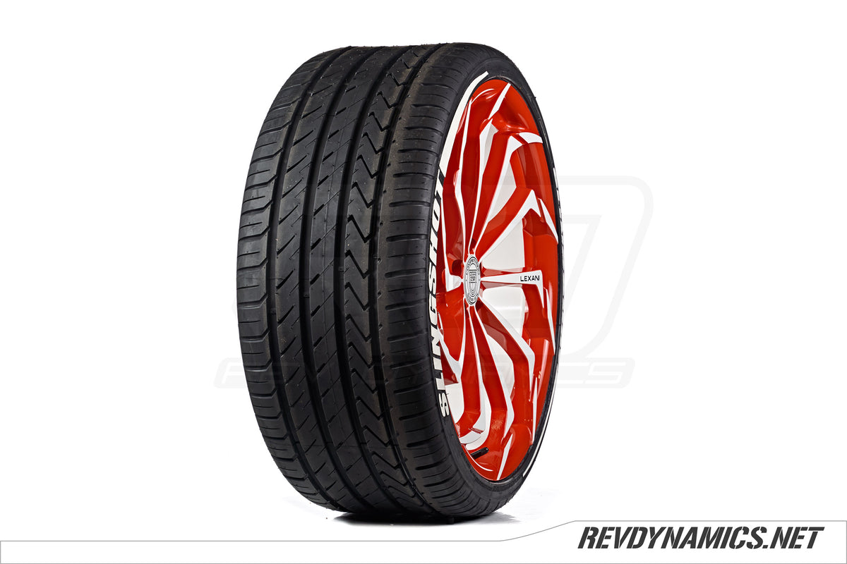 Lexani Static with Lexani tire custom painted in Indy Red and White 