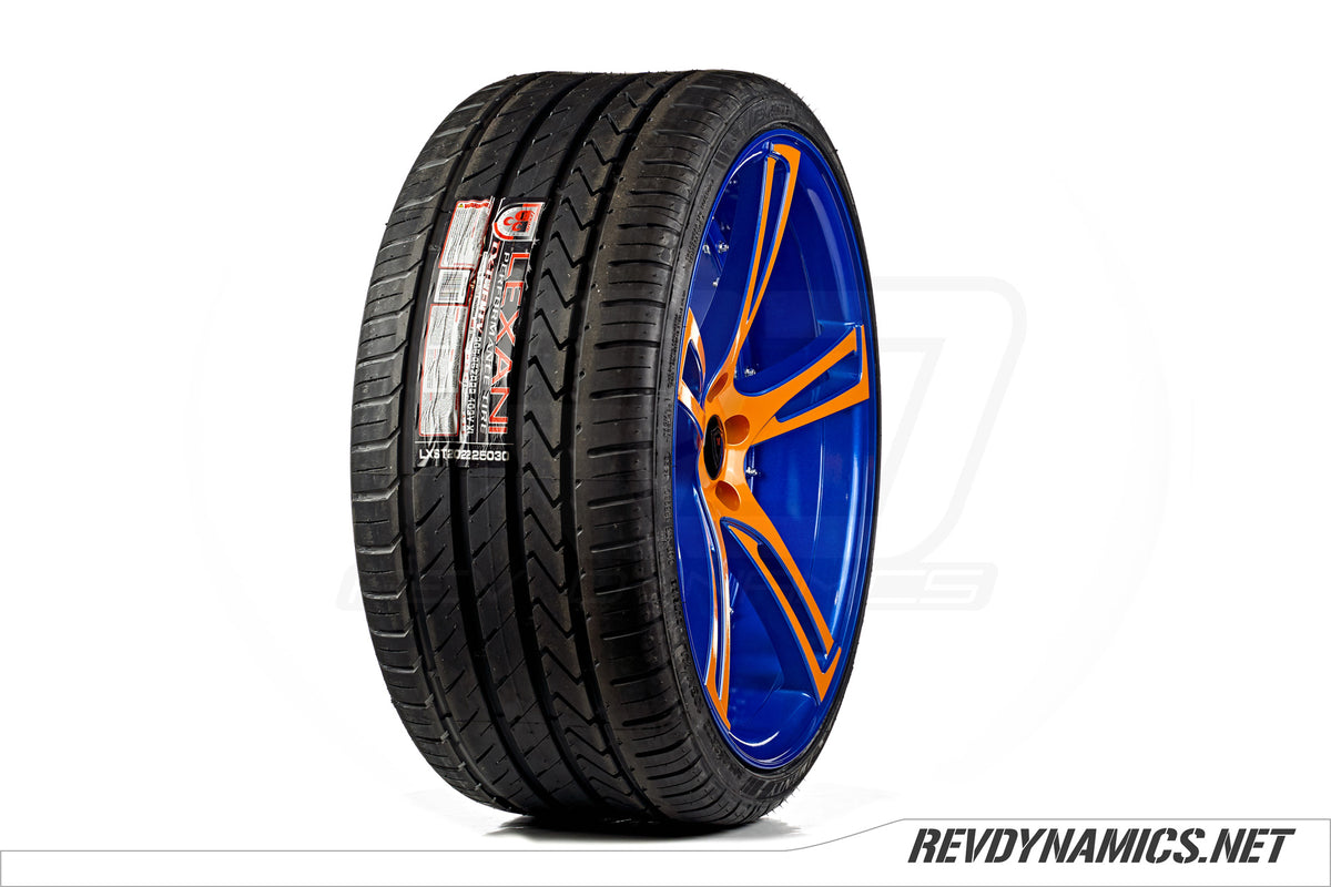 Marquee M3247 with Lexani tire custom painted in Stealth Blue and Sunrise Orange