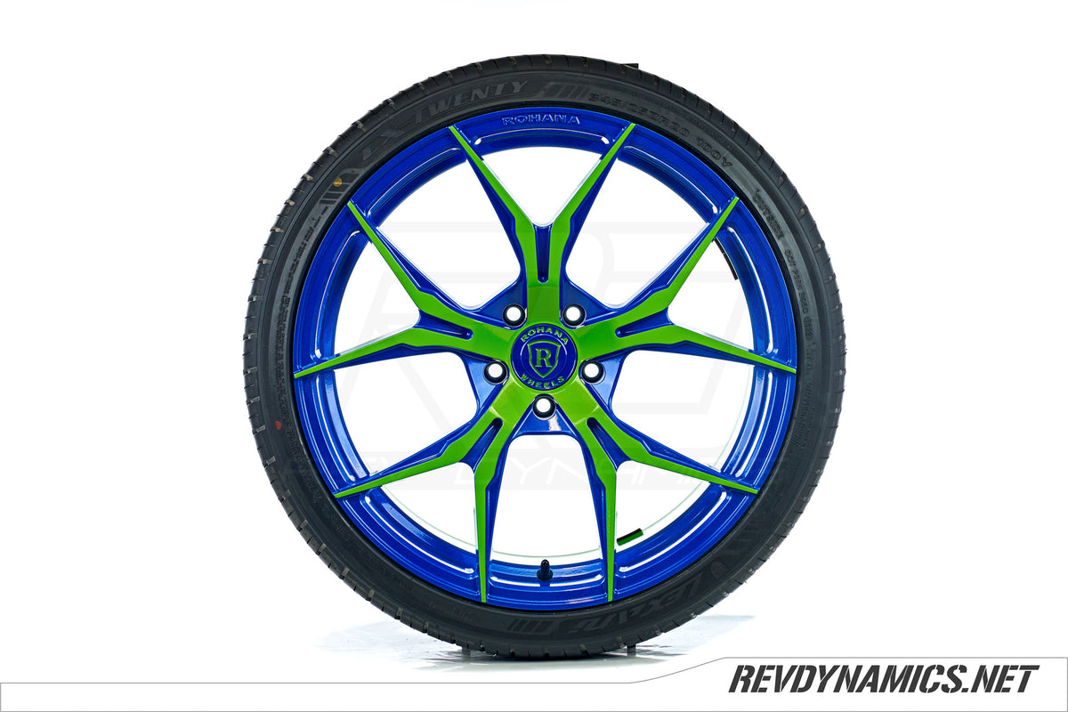 Rohana RFX5 Wheel Powdercoated in Envy Green and Stealth Blue 