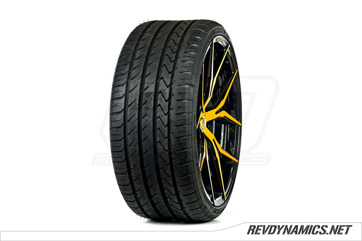 Rohana RFX5 with Lexani LX-Twenty tire custom painted in Daytona Yellow and Black 