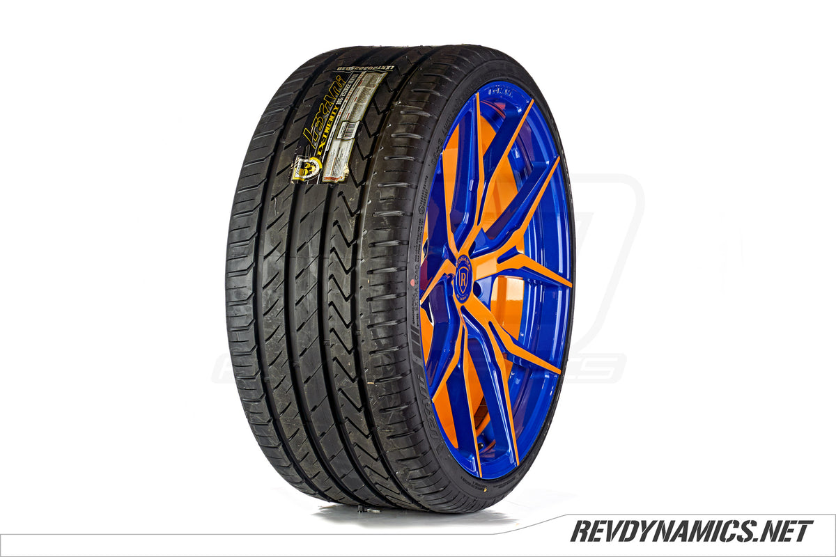 Rohana RFX5 with Lexani LX-Twenty tire custom painted in Stealth Blue and Sunrise Orange 
