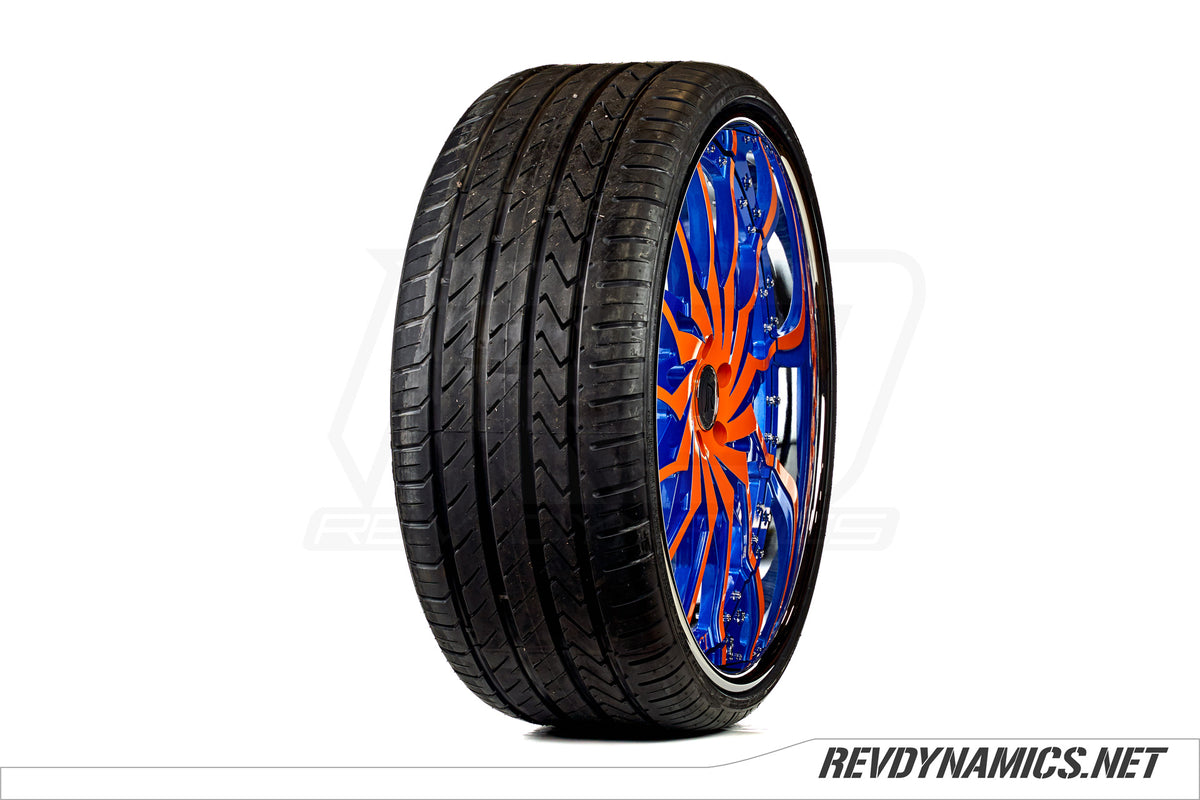 Rucci Dusse with Lexani tire custom painted in Stealth Blue and Sunrise Orange 