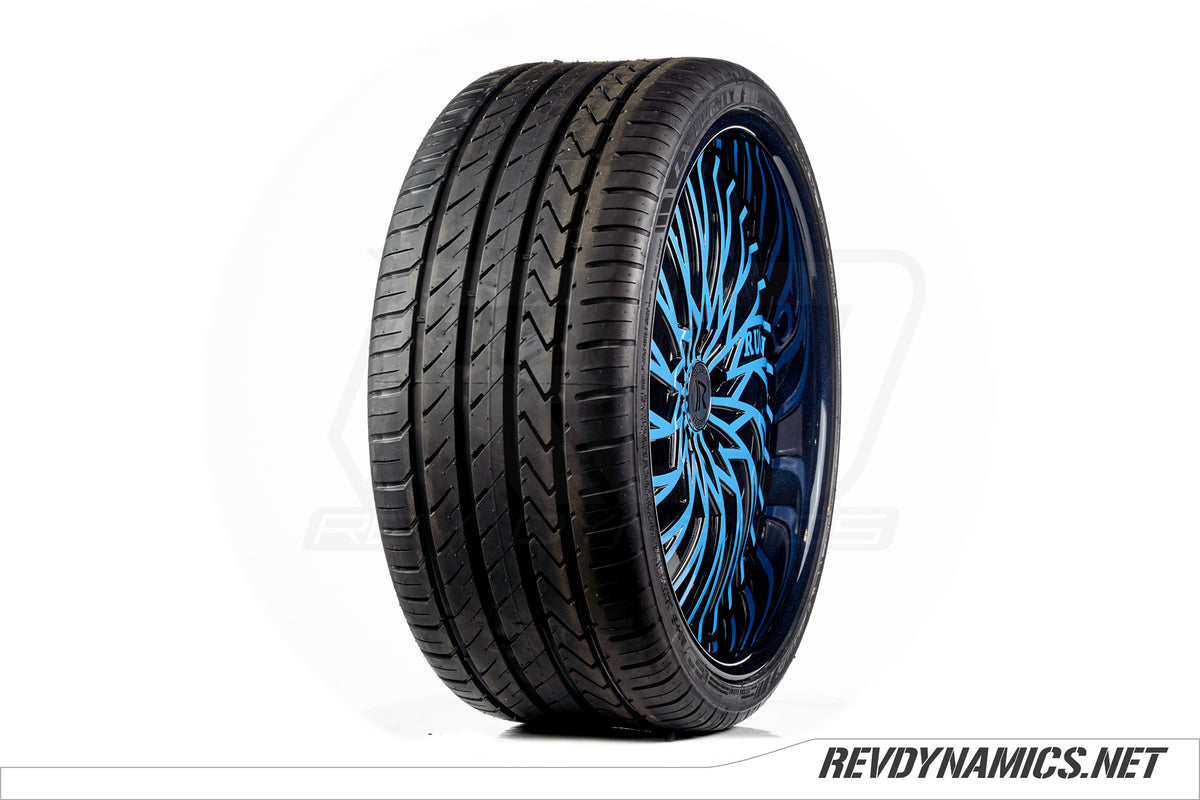 Rucci Wheel with Lexani Tire custom painted in Miami Blue and Metallic Black