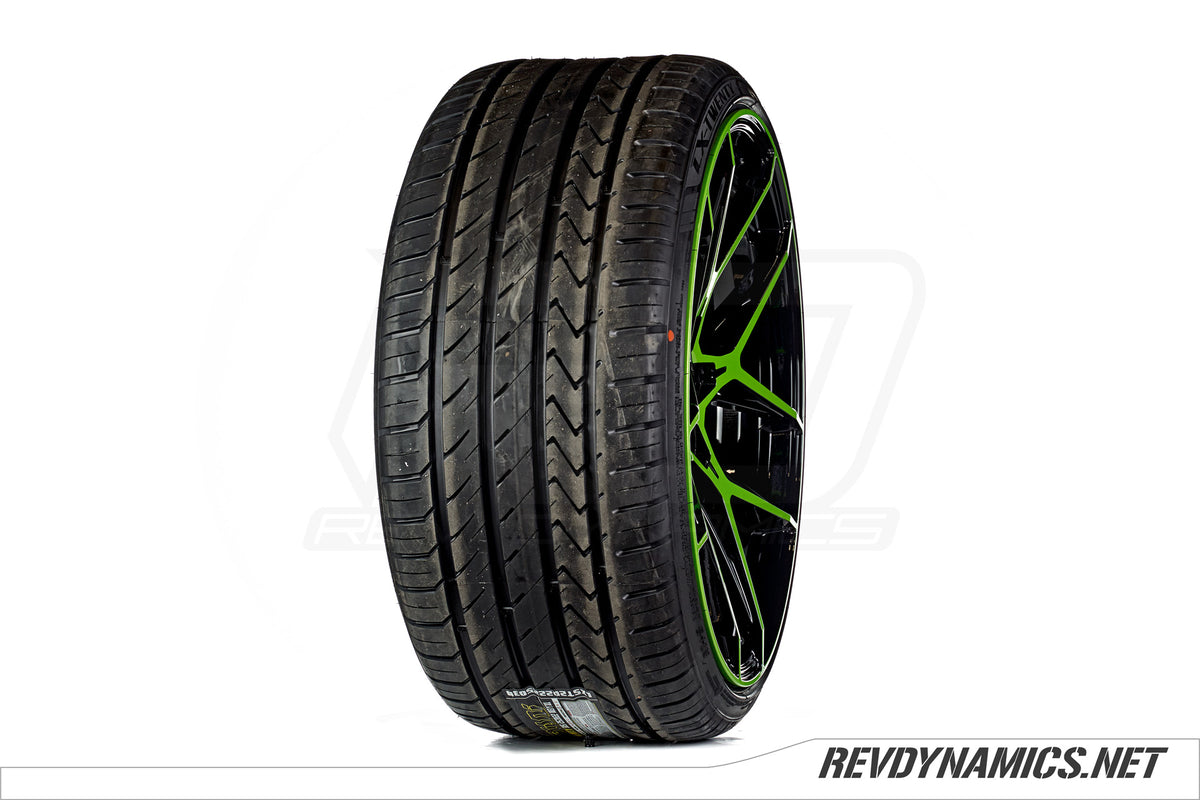 Savini SV-F5 with Lexani LX-Twenty with Tire Lettering tire custom painted in Envy Green and Black 