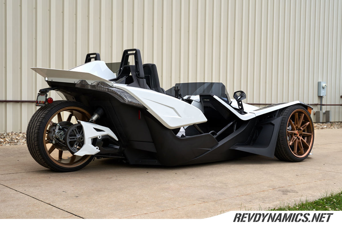 Polaris Slingshot lowered with air ride suspension by Rev Dynamics