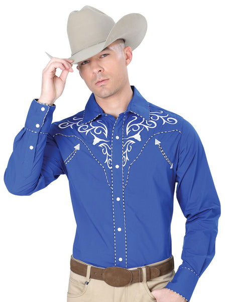 Royal Blue Long Sleeve Embroidered Denim Shirt for Men 'The Lord of the Skies' - ID: 41005