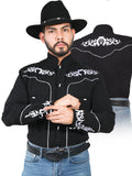 Camisa Vaquera Charra Bordada Manga Larga Negro para Hombre 'El Señor de los Cielos' - ID: 42879
