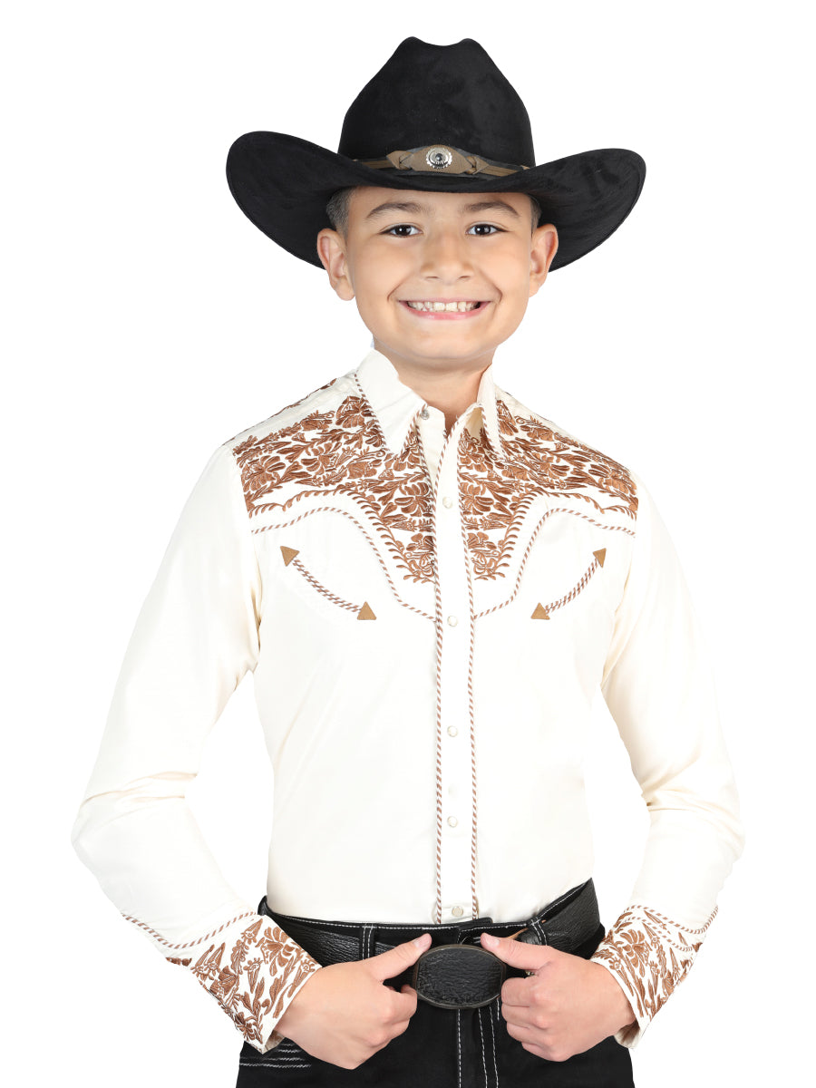 Camisa Vaquera Bordada Manga Larga Beige/Camello Oscuro para Niños 'El General' - ID: 44349