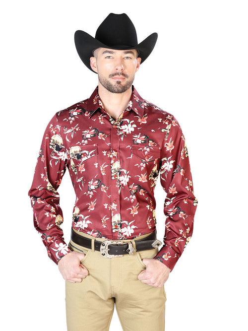 Long Sleeve Denim Shirt with Multicolor Floral Print Brooches for Men 'The Lord of the Skies' - ID: 43951