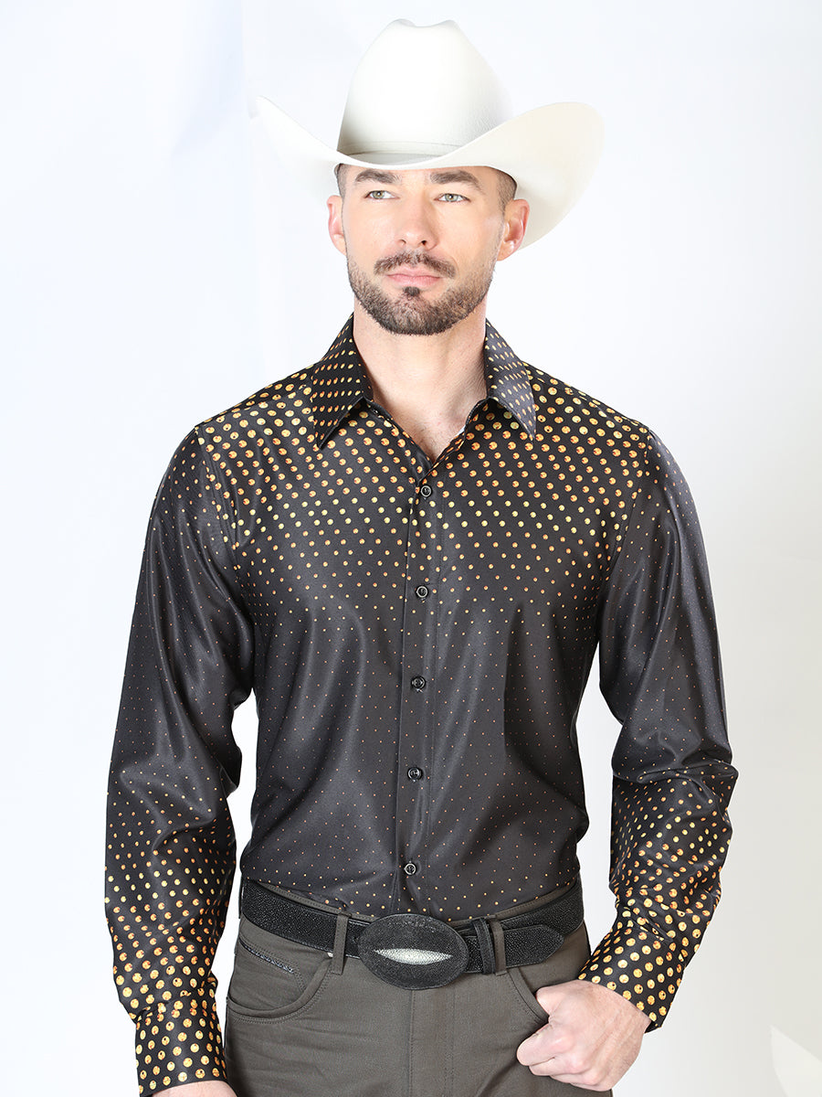 Black/Gold Printed Long Sleeve Denim Shirt for Men 'The Lord of the Skies' - ID: 43986