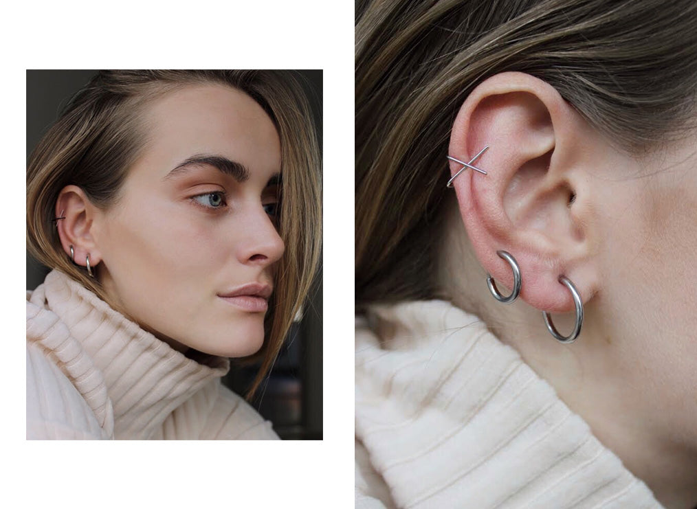 @carolinehannibal styles the Retractable hoops and Cross ear cuff on her non-pierced ears - THE HEXAD