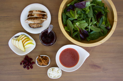 Chicken apple goat cheese salad with blackberry jalapeno jam salad dressing