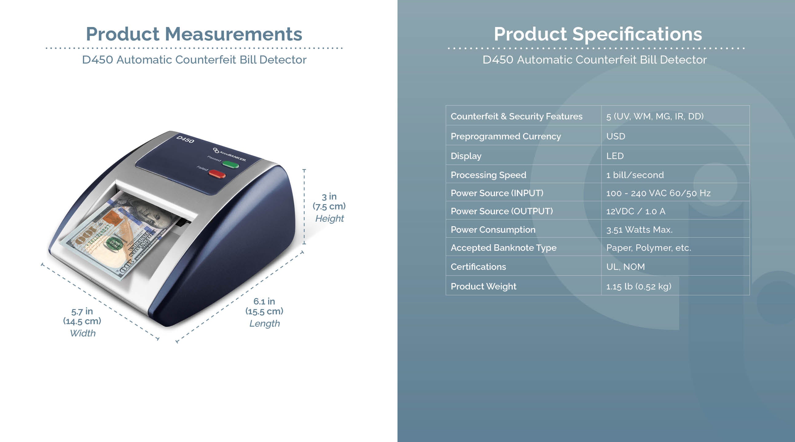 D450 Detector automático de billetes falsos billete Características y especificaciones