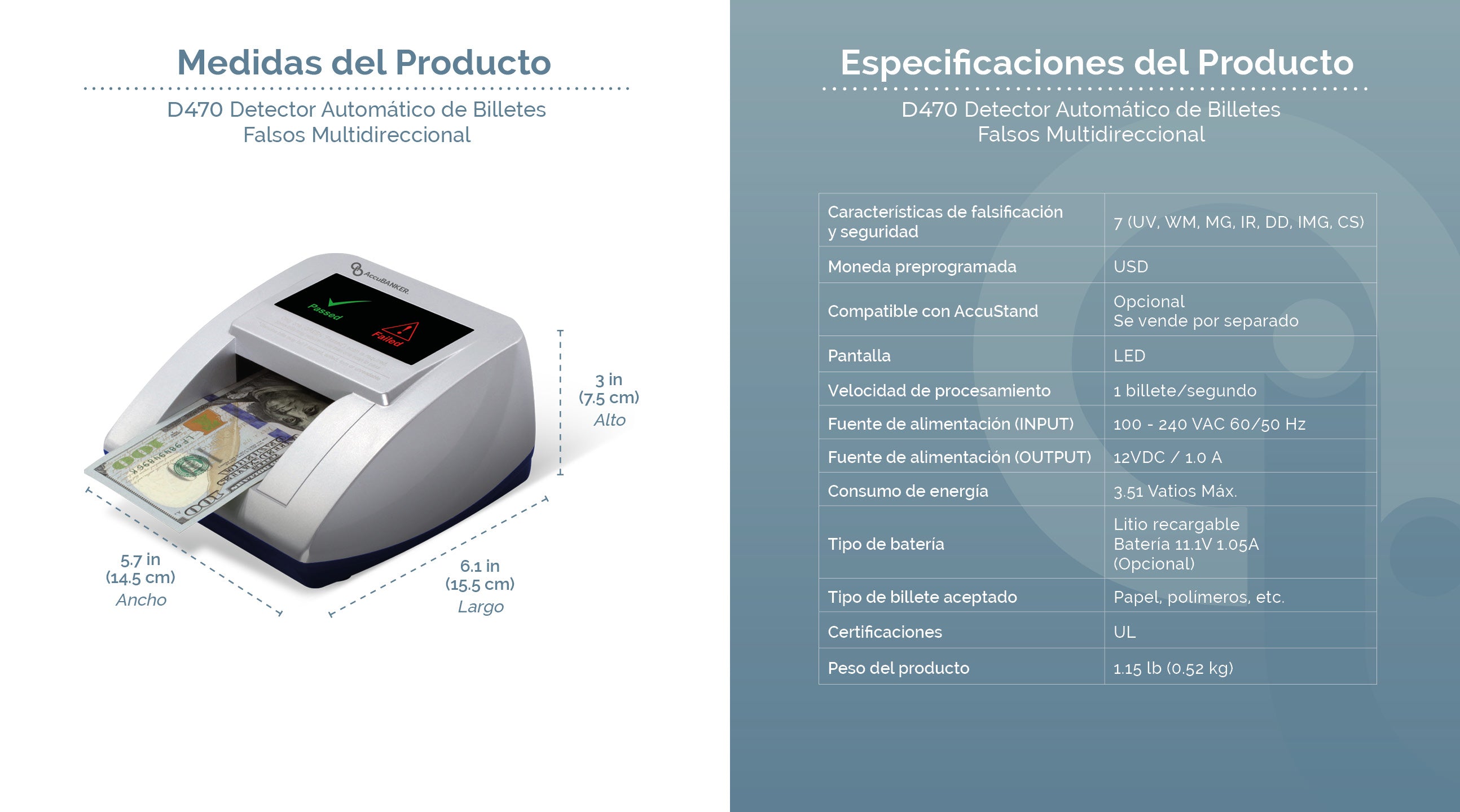 D470 Detector Automático de Billetes Falsos Multidireccional Features & Specifications