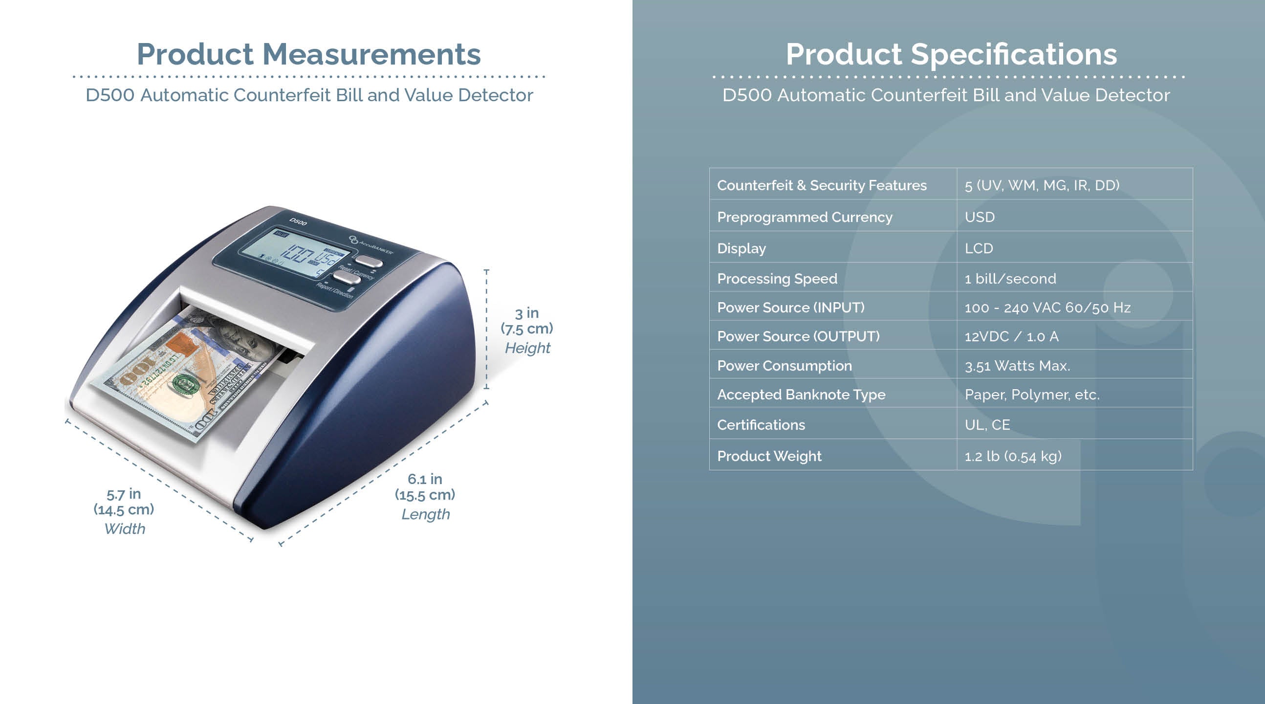 D500 Detector automático de billetes falsos billetey de valor Características y especificaciones