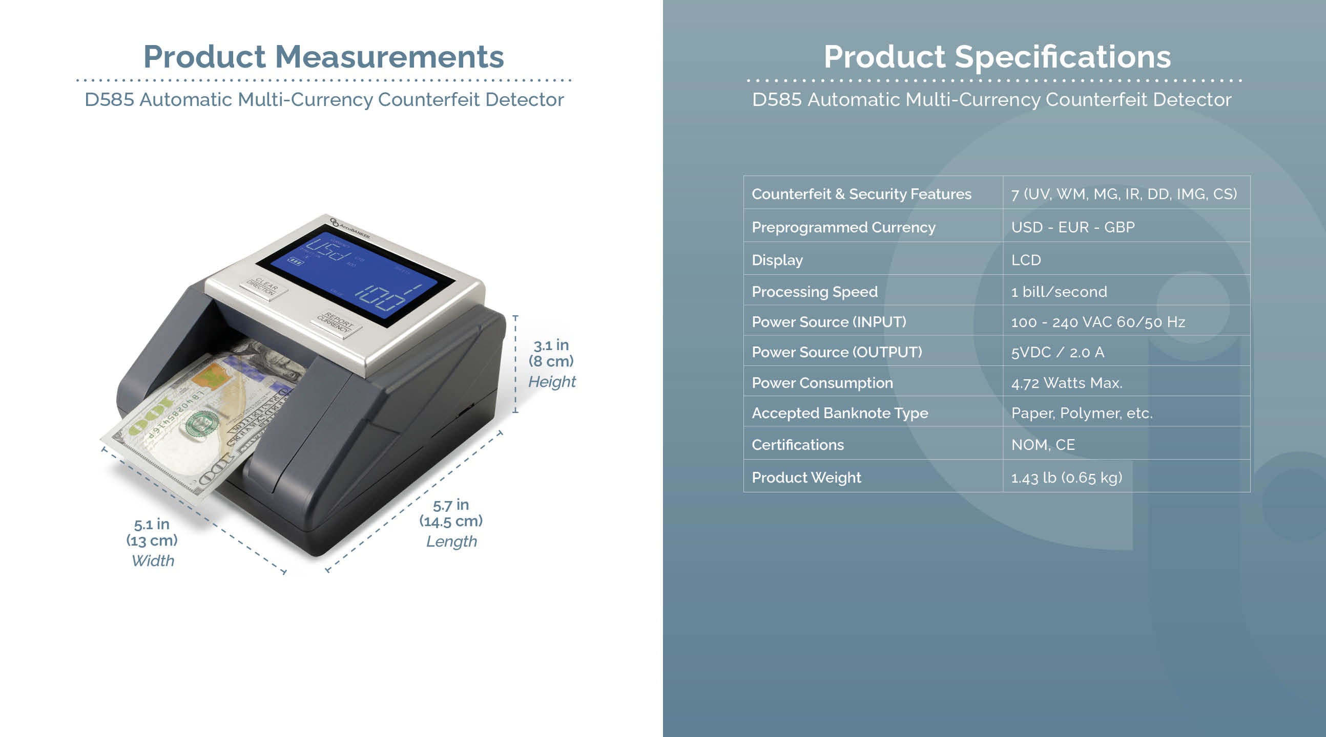 D585 Automatic Multi-Currency Counterfeit Detector Features & Specifications