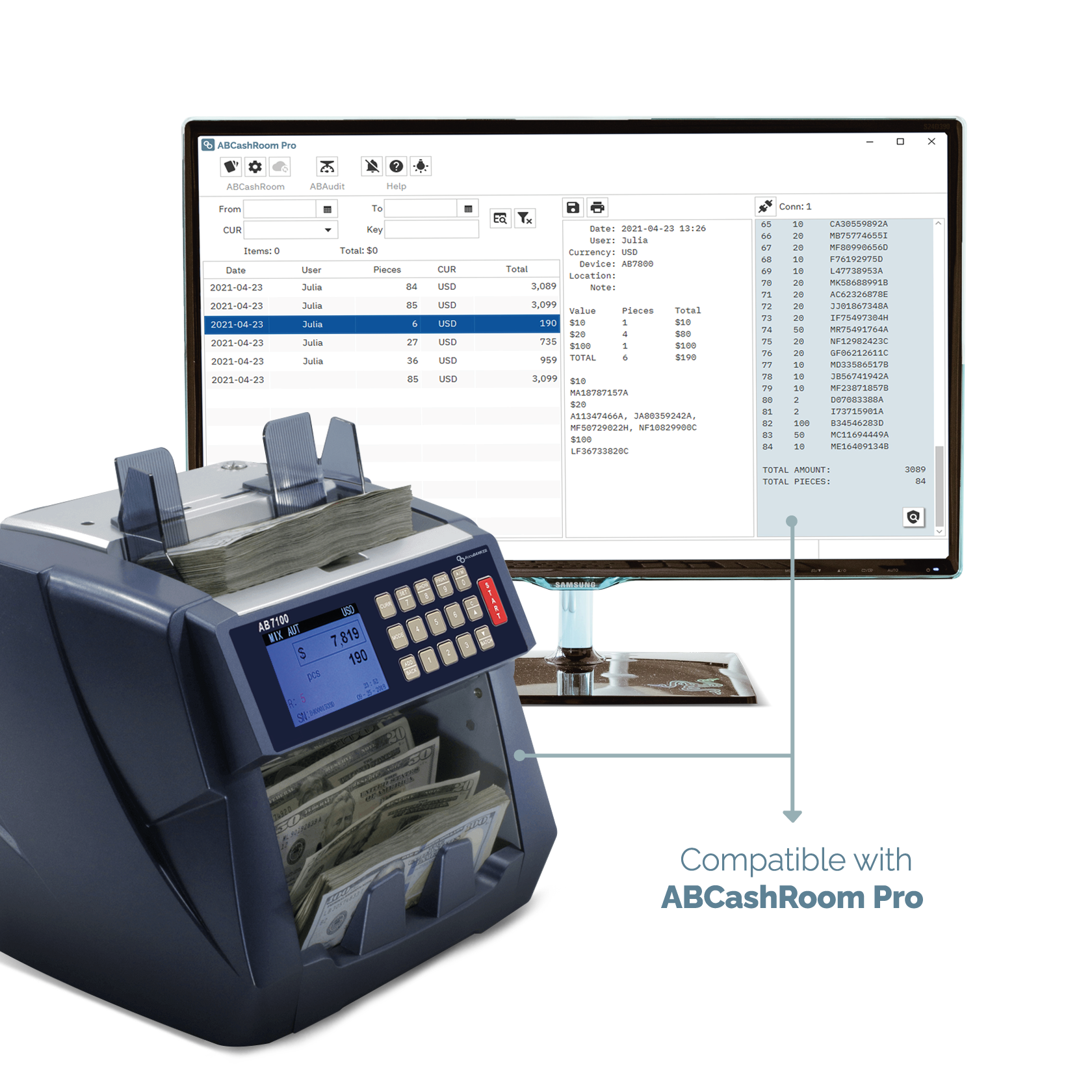 AB7100 Enterprise Mixed billete Contador de valores Conexión a PC e integración con ABCashroom  