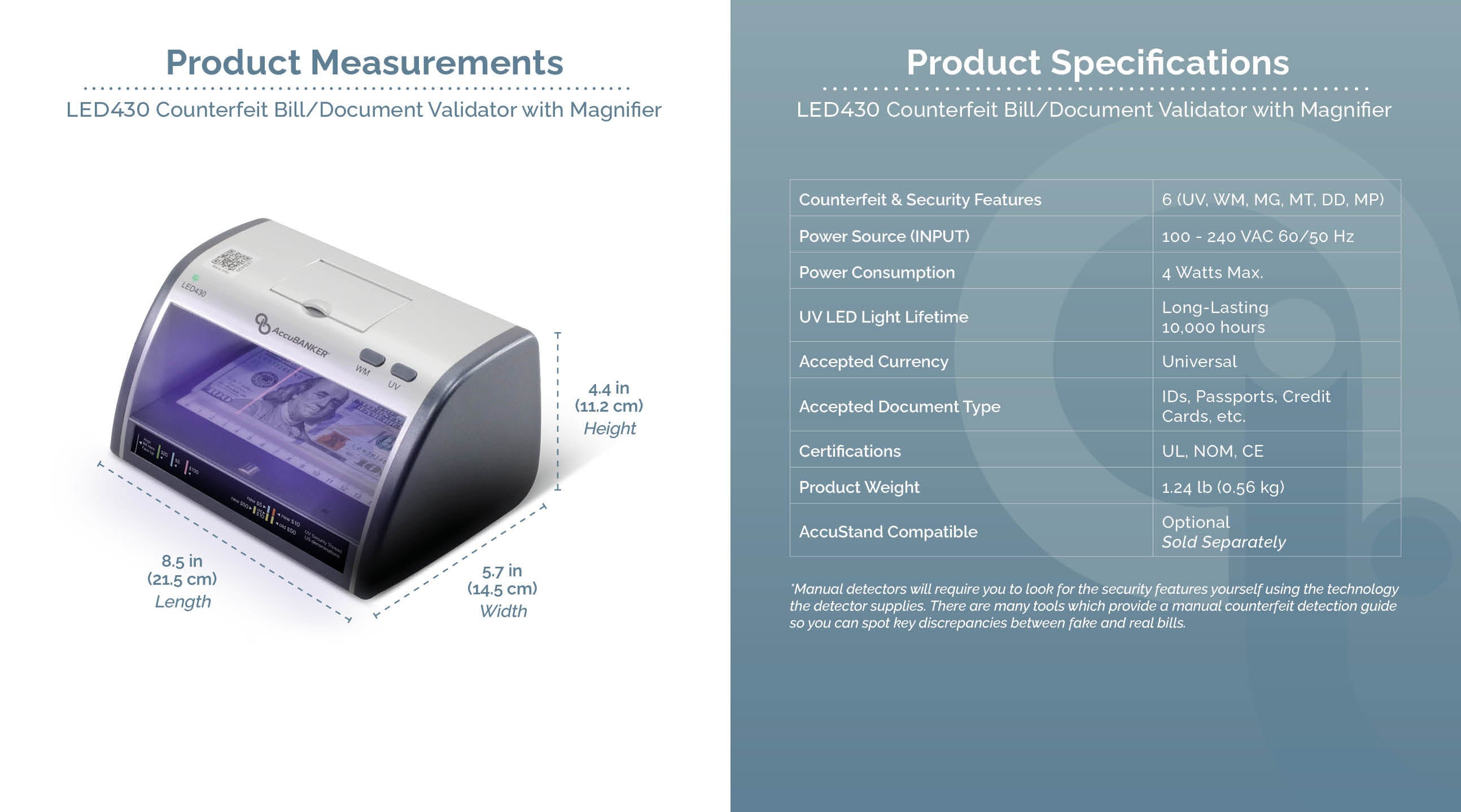 LED430 Detector Manual de Billetes y Documentos Falsos con Lupa 8x LED Features & Specifications