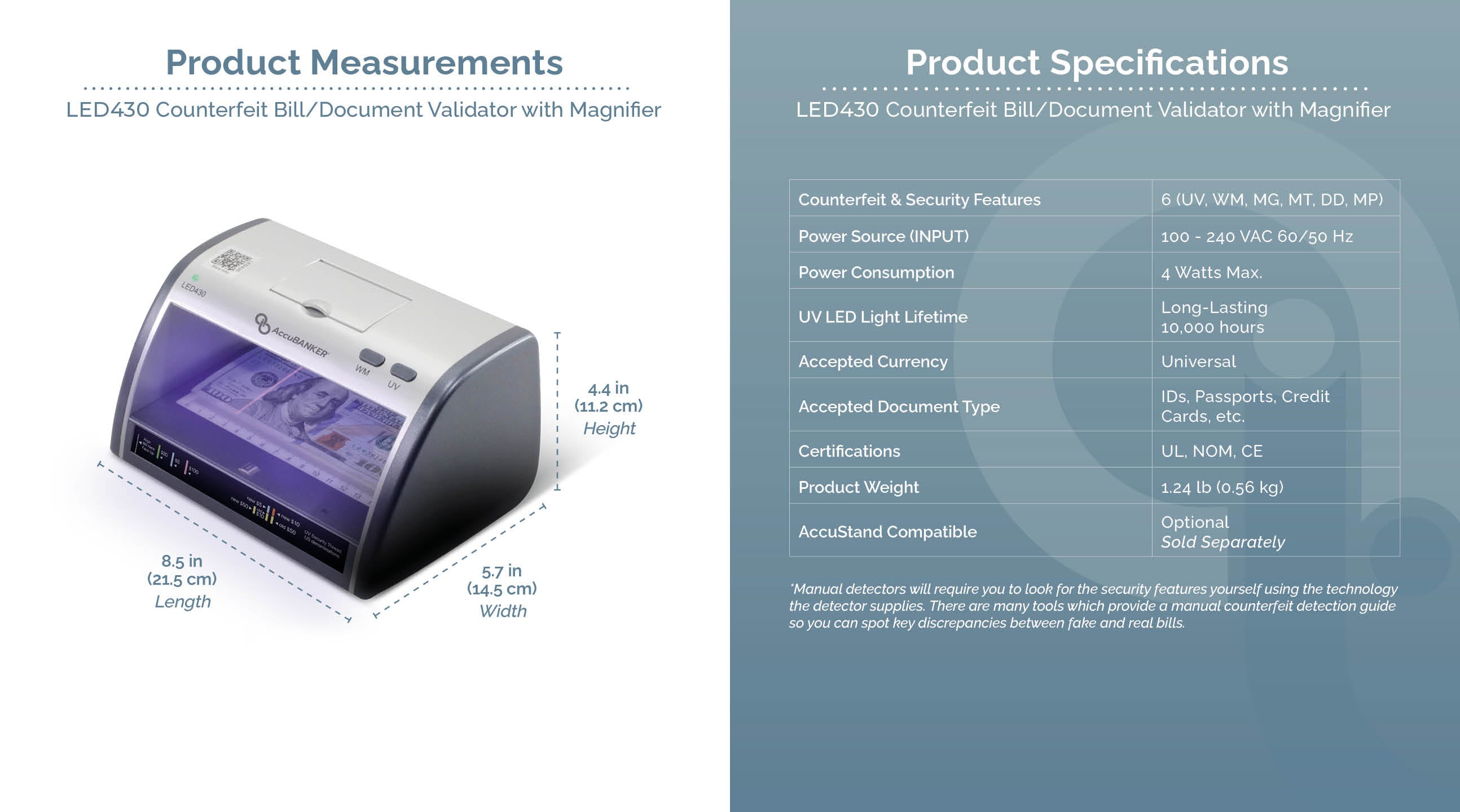 LED430 Counterfeit Bill/ Document Validator with Magnifier Features & Specifications