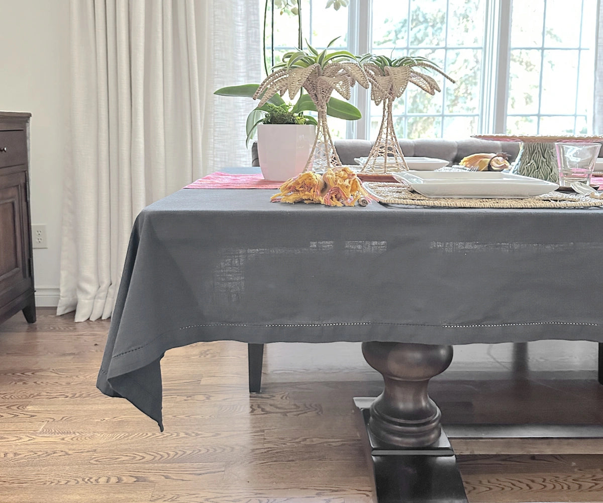 Wedding-ready gray hemstitch tablecloth in 100% cotton fabric