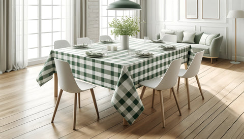 A picturesque outdoor dining setup with a rectangular blue and white gingham checkered plaid tablecloth on a long table.