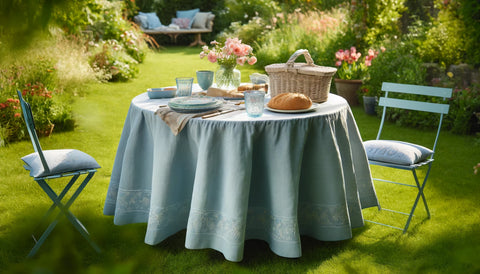 Linen tablecloth on a table setting with elegant plates and silverware.