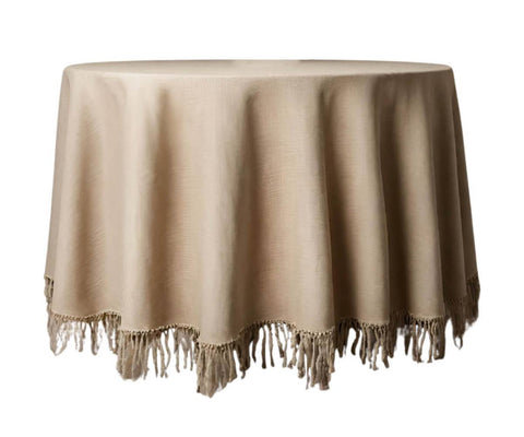 Off-white twill wedding tablecloth featuring fringe details, adding a touch of elegance and charm to the reception tablescape.