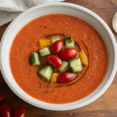 A bowl of Gazpacho, a chilled Spanish soup made with tomatoes, cucumbers, and bell peppers.