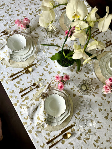 spring tablecloth in white color with metallic prints of florals to elevate your easter table