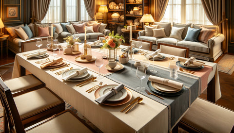 A well-arranged dining table showcasing a variety of tablecloth materials.