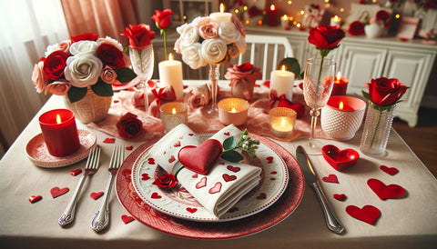 A set of Valentine's Day-themed napkins in a romantic dinner setting. The napkins are red with white heart patterns.