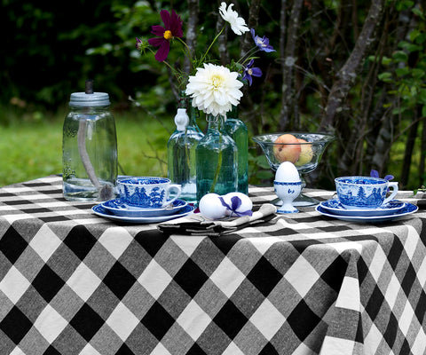 Casual Family Breakfast: "Checkered cotton tablecloth, colorful dishes, fresh fruits, casual family breakfast, cozy kitchen."